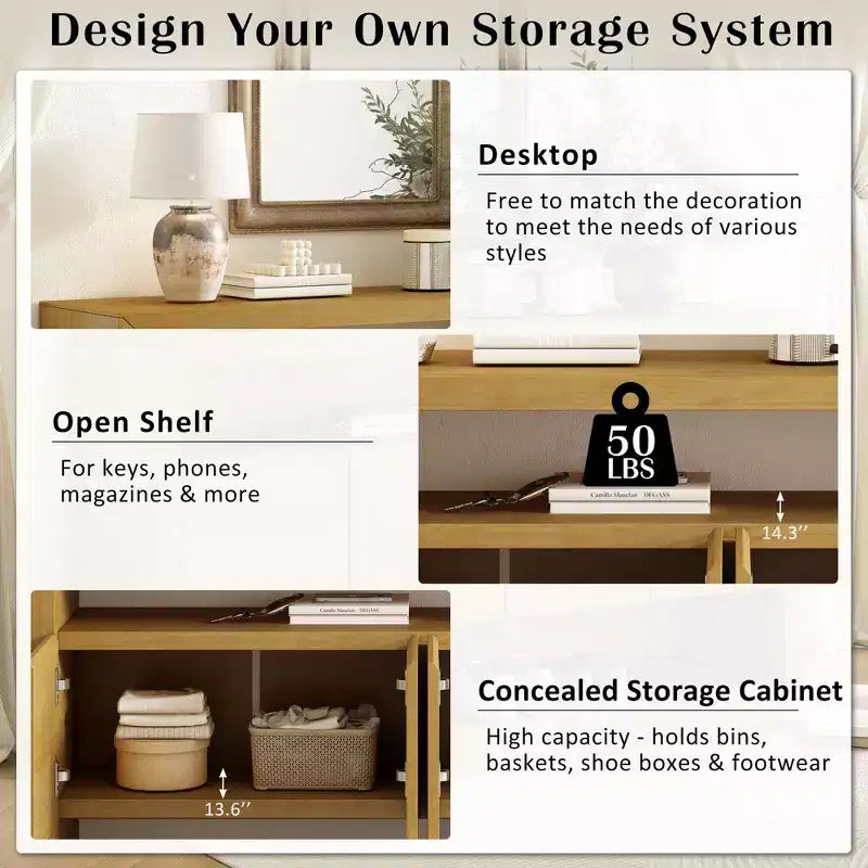 60" Modern Sideboard Buffet, Solid Wood Storage Cabinet with 4 Doors & Open Shelf for Dining Room, Living Room, Entryway