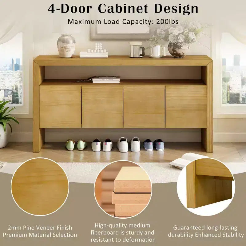 60" Modern Sideboard Buffet, Solid Wood Storage Cabinet with 4 Doors & Open Shelf for Dining Room, Living Room, Entryway