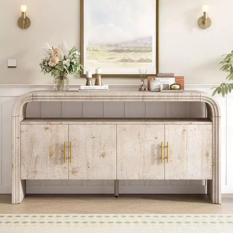 60" Modern Sideboard Buffet, Solid Wood Storage Cabinet with 4 Doors & Open Shelf for Dining Room, Living Room, Entryway
