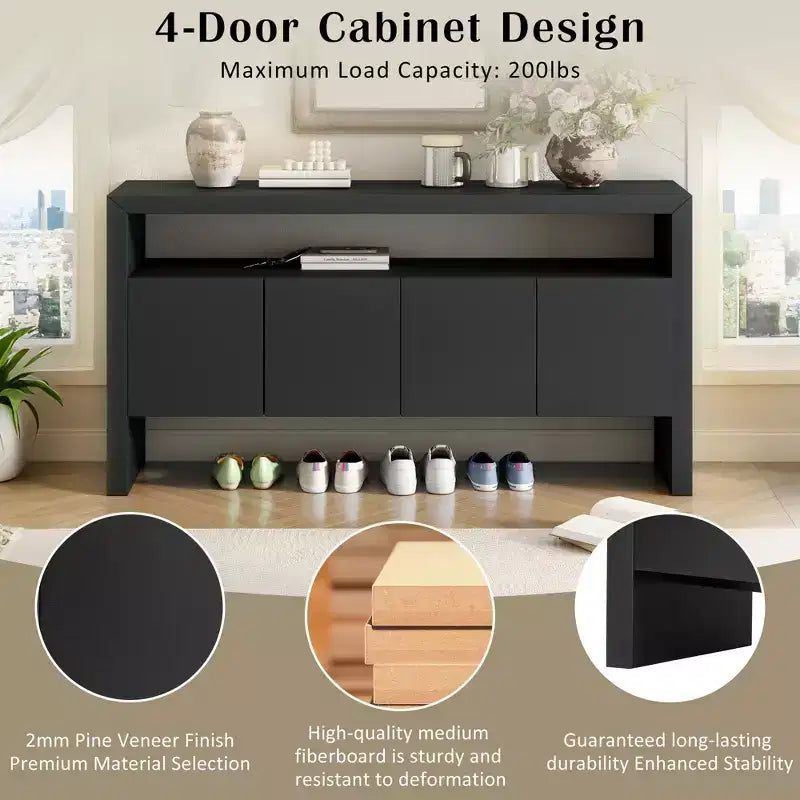 60" Modern Sideboard Buffet, Solid Wood Storage Cabinet with 4 Doors & Open Shelf for Dining Room, Living Room, Entryway