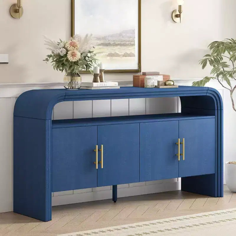 60" Modern Sideboard Buffet, Solid Wood Storage Cabinet with 4 Doors & Open Shelf for Dining Room, Living Room, Entryway