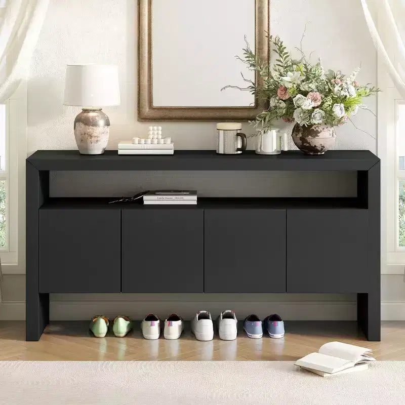 60" Modern Sideboard Buffet, Solid Wood Storage Cabinet with 4 Doors & Open Shelf for Dining Room, Living Room, Entryway