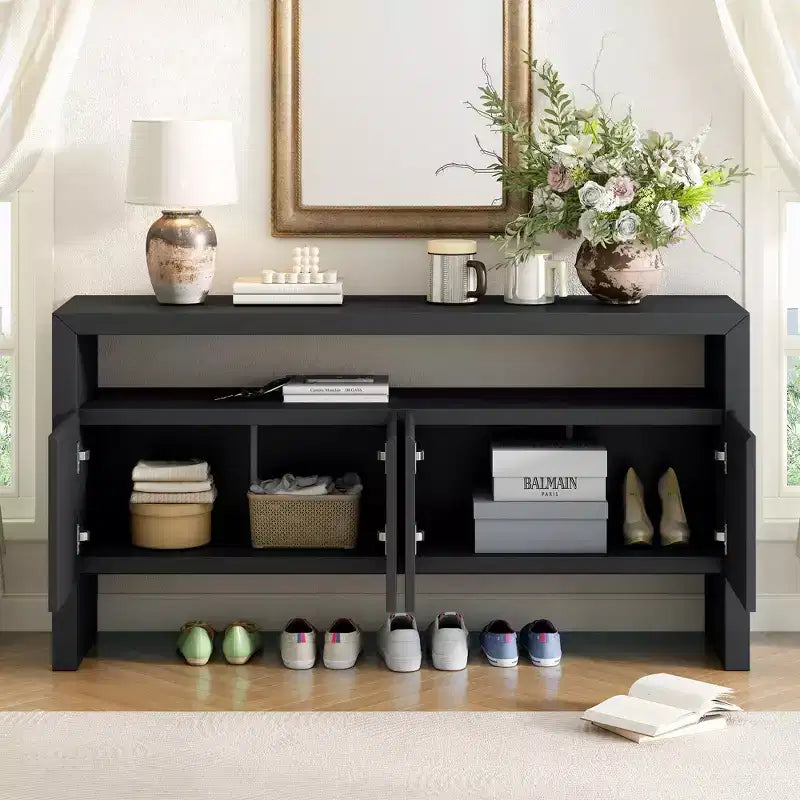 60" Modern Sideboard Buffet, Solid Wood Storage Cabinet with 4 Doors & Open Shelf for Dining Room, Living Room, Entryway