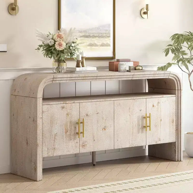 60" Modern Sideboard Buffet, Solid Wood Storage Cabinet with 4 Doors & Open Shelf for Dining Room, Living Room, Entryway
