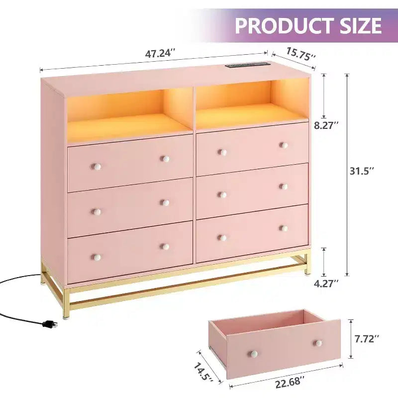 6 Drawer Dresser with Charging Station, Wide Storage Organizer and TV Stand for Bedroom, Living Room