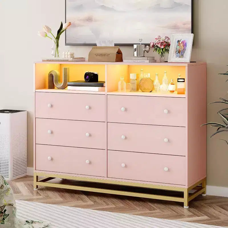 6 Drawer Dresser with Charging Station, Wide Storage Organizer and TV Stand for Bedroom, Living Room