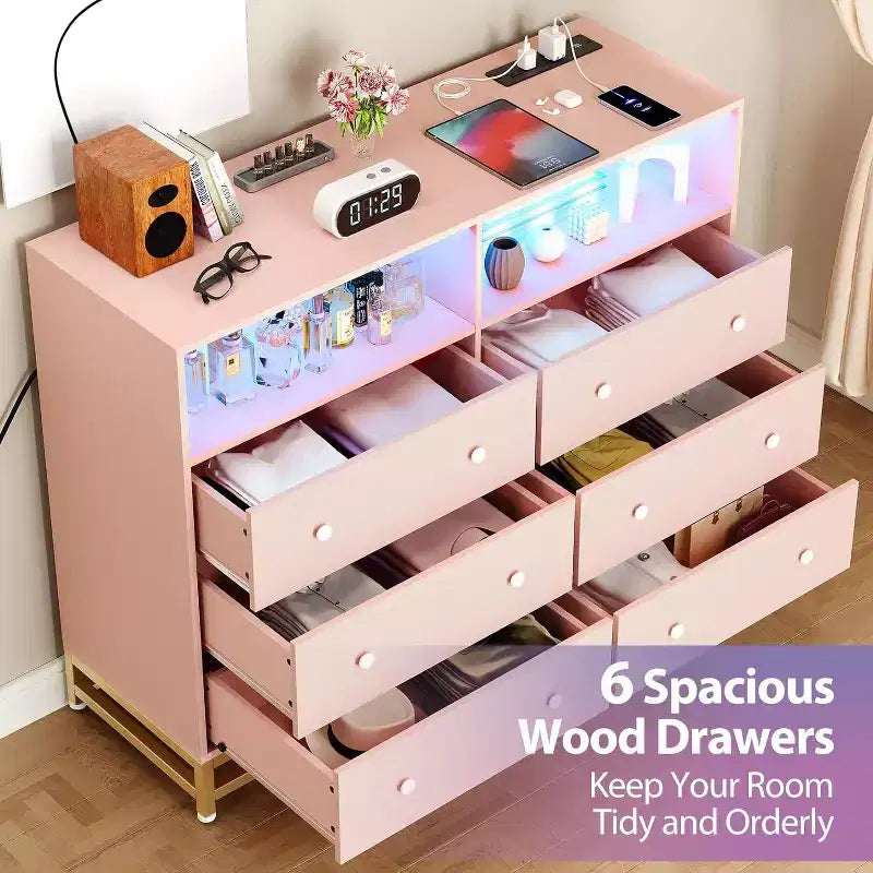 6 Drawer Dresser with Charging Station, Wide Storage Organizer and TV Stand for Bedroom, Living Room