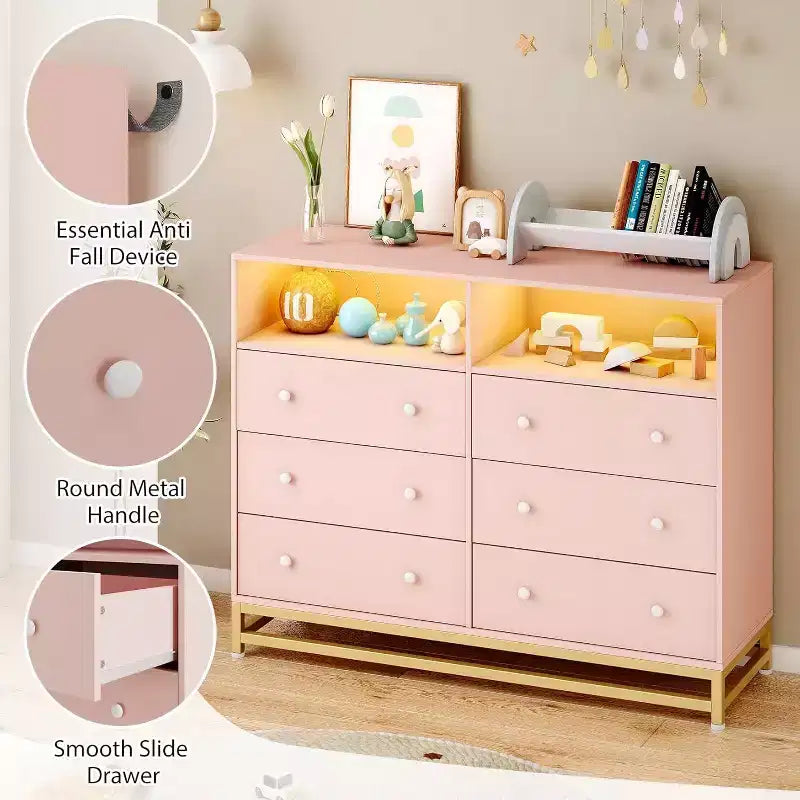 6 Drawer Dresser with Charging Station, Wide Storage Organizer and TV Stand for Bedroom, Living Room