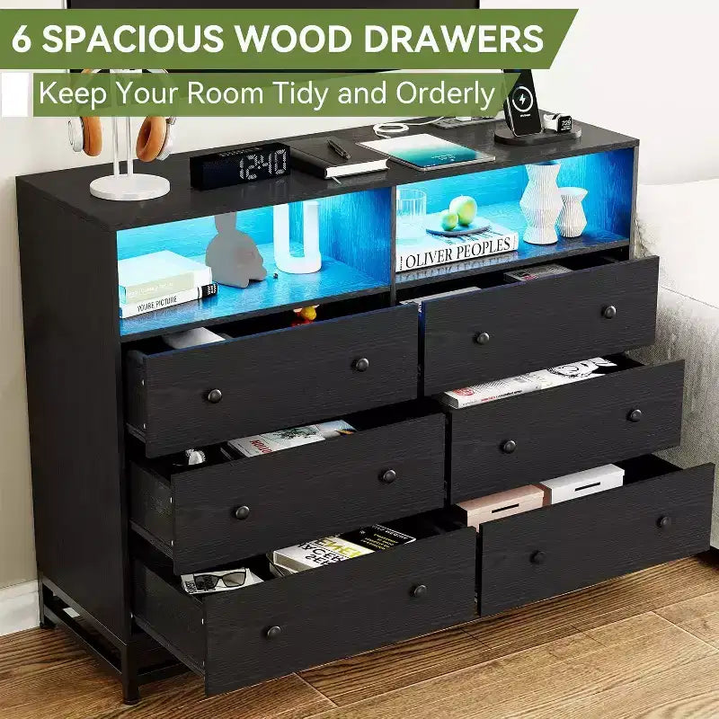 6 Drawer Dresser with Charging Station, Wide Storage Organizer and TV Stand for Bedroom, Living Room