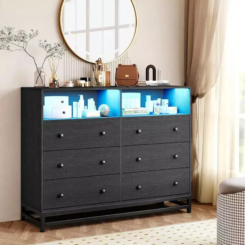 6 Drawer Dresser with Charging Station, Wide Storage Organizer and TV Stand for Bedroom, Living Room