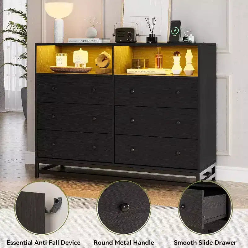 6 Drawer Dresser with Charging Station, Wide Storage Organizer and TV Stand for Bedroom, Living Room