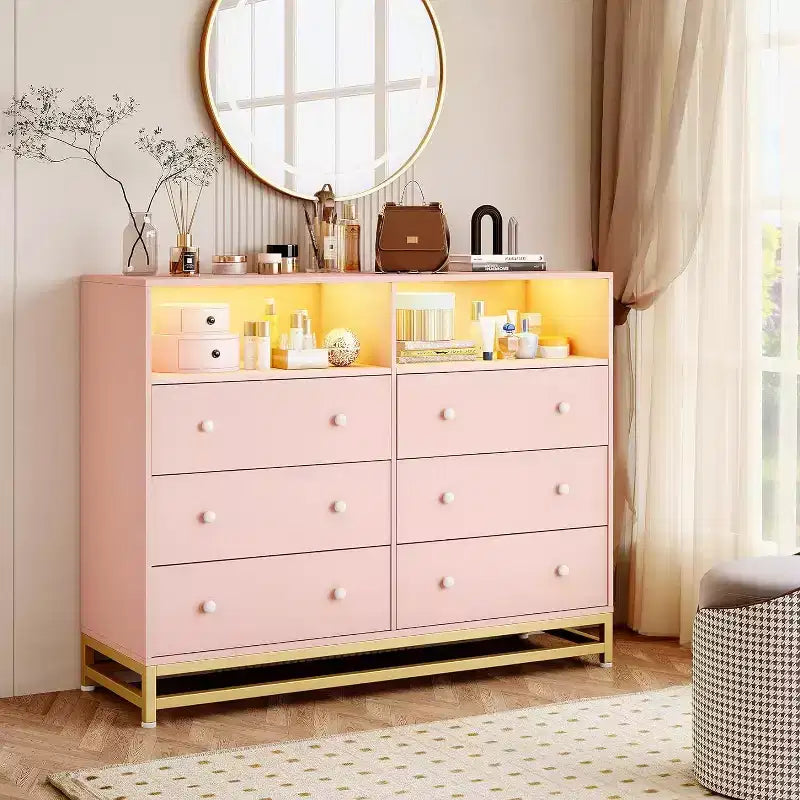6 Drawer Dresser with Charging Station, Wide Storage Organizer and TV Stand for Bedroom, Living Room