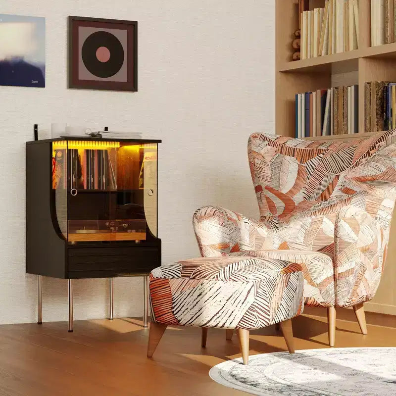 Retro-Modern Turntable Cabinet with Glass Doors, LED Lighting & Vinyl Storage