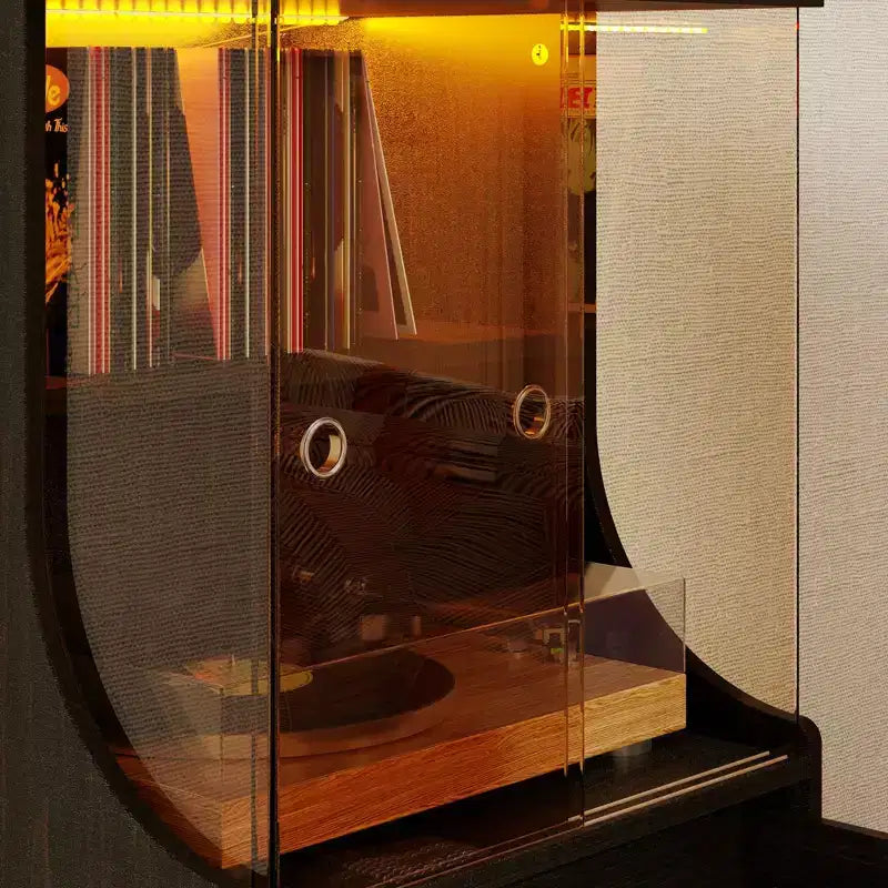 Retro-Modern Turntable Cabinet with Glass Doors, LED Lighting & Vinyl Storage
