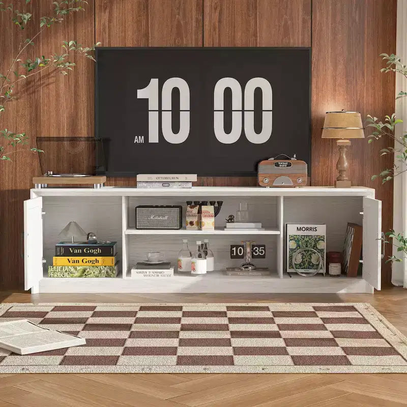 Minimalist White Wood-Grain TV Stand with Storage Cabinets, Media Console for Living Room
