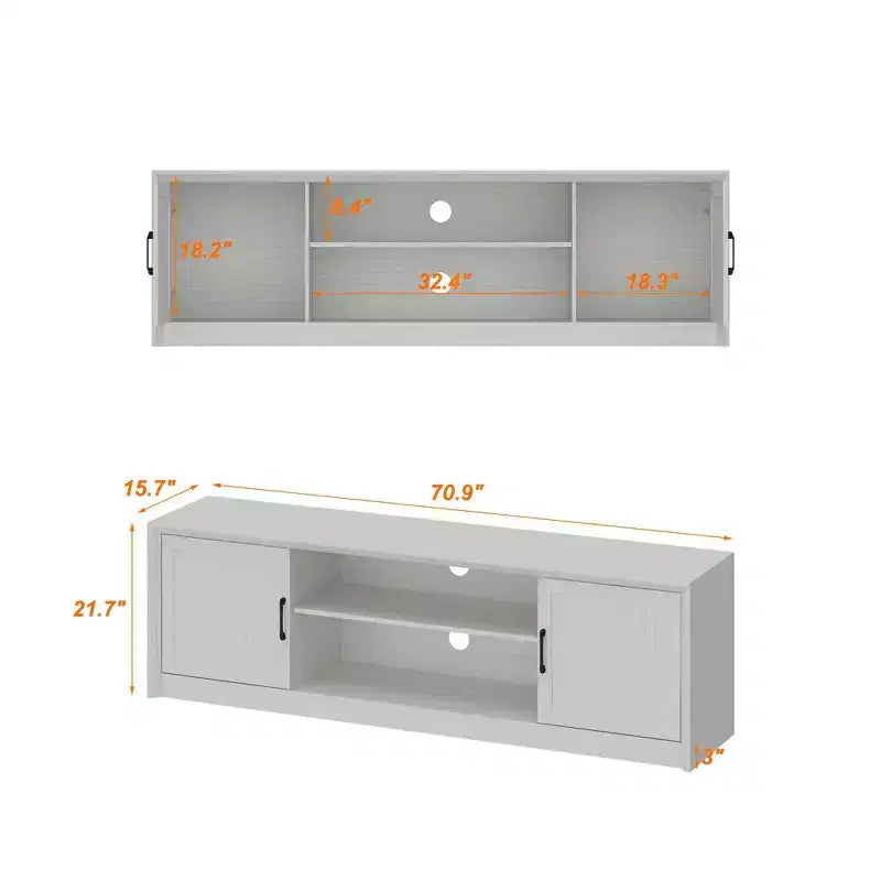 Minimalist White Wood-Grain TV Stand with Storage Cabinets, Media Console for Living Room