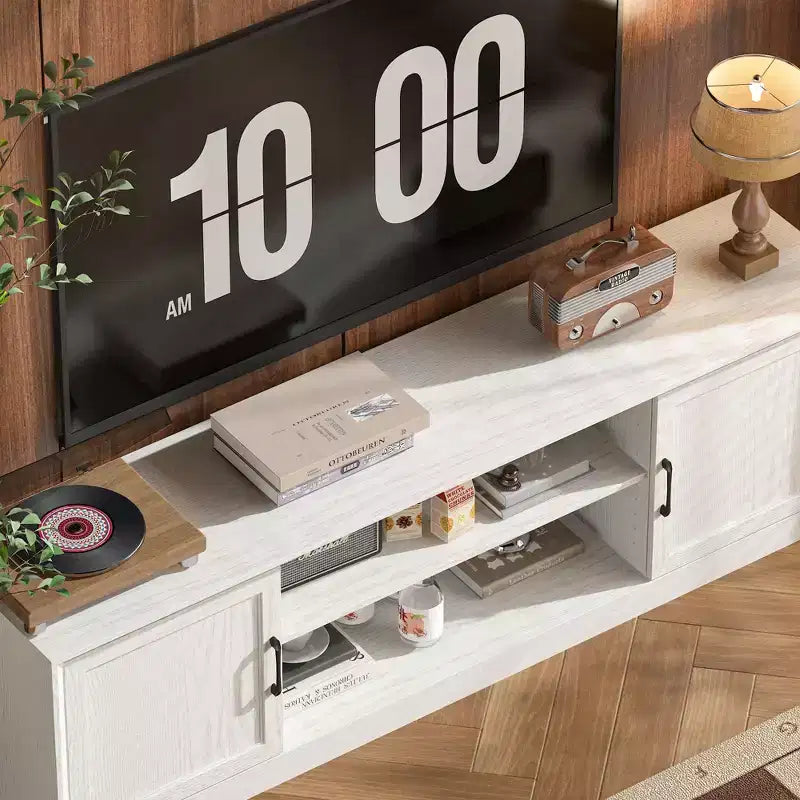 Minimalist White Wood-Grain TV Stand with Storage Cabinets, Media Console for Living Room