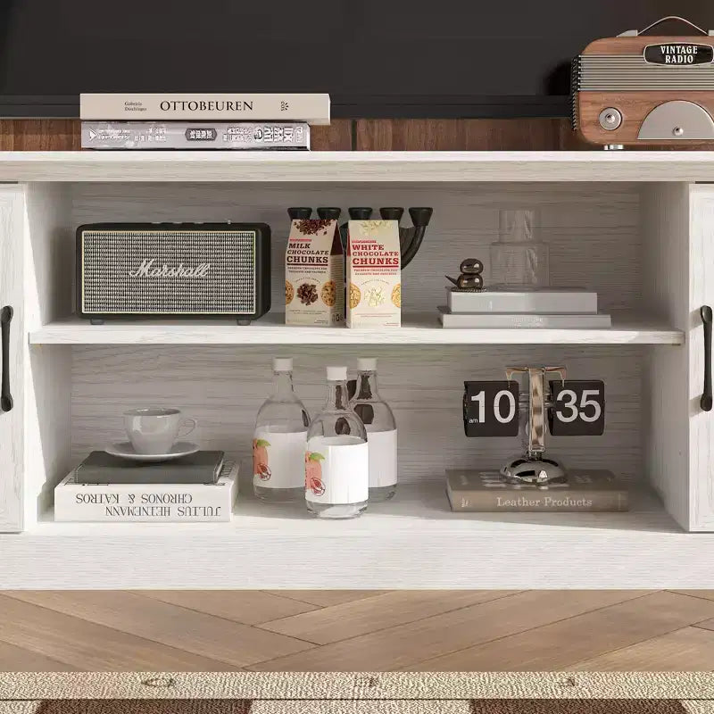 Minimalist White Wood-Grain TV Stand with Storage Cabinets, Media Console for Living Room