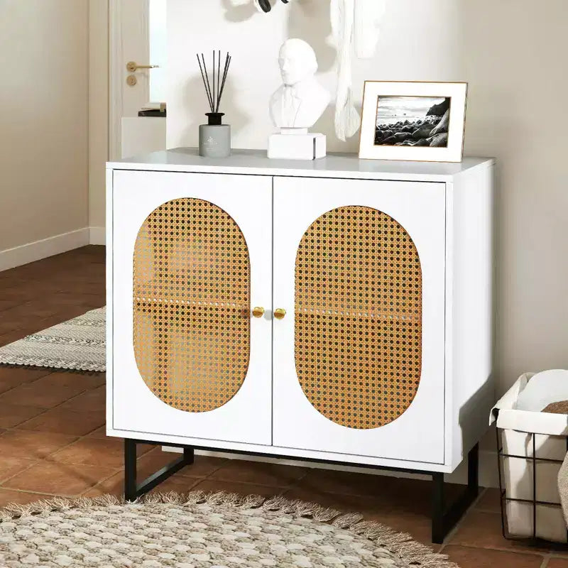 Rattan Buffet Cabinet with 2 Doors, Adjustable Shelf, Metal Legs, Natural/White