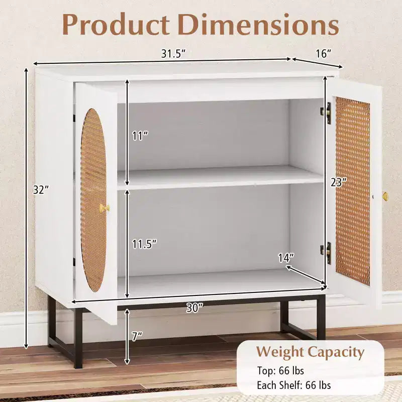 Rattan Buffet Cabinet with 2 Doors, Adjustable Shelf, Metal Legs, Natural/White