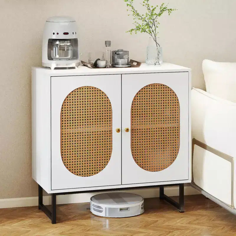 Rattan Buffet Cabinet with 2 Doors, Adjustable Shelf, Metal Legs, Natural/White