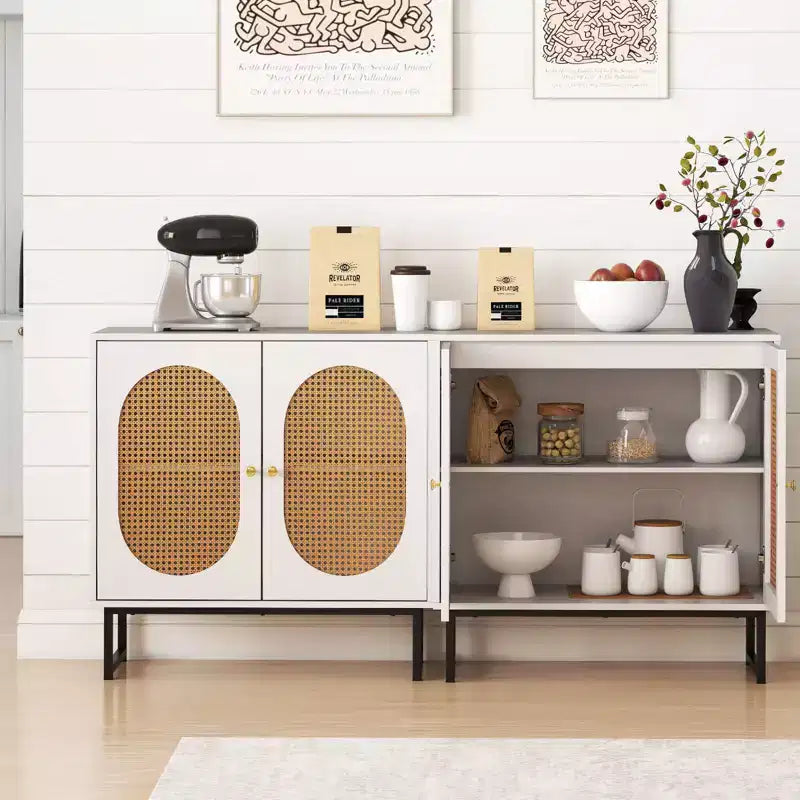 Rattan Buffet Cabinet with 2 Doors, Adjustable Shelf, Metal Legs, Natural/White