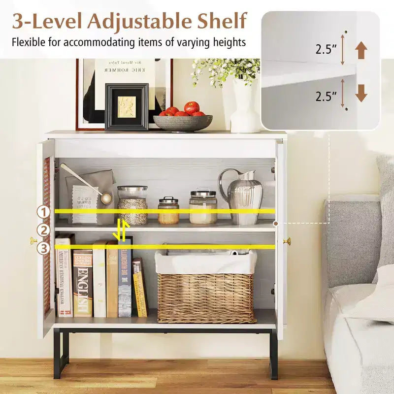 Rattan Buffet Cabinet with 2 Doors, Adjustable Shelf, Metal Legs, Natural/White