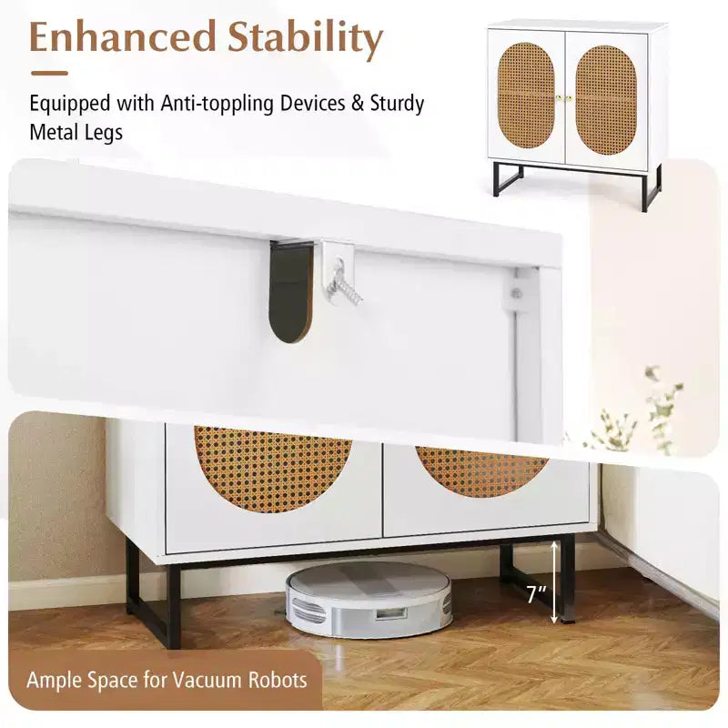 Rattan Buffet Cabinet with 2 Doors, Adjustable Shelf, Metal Legs, Natural/White