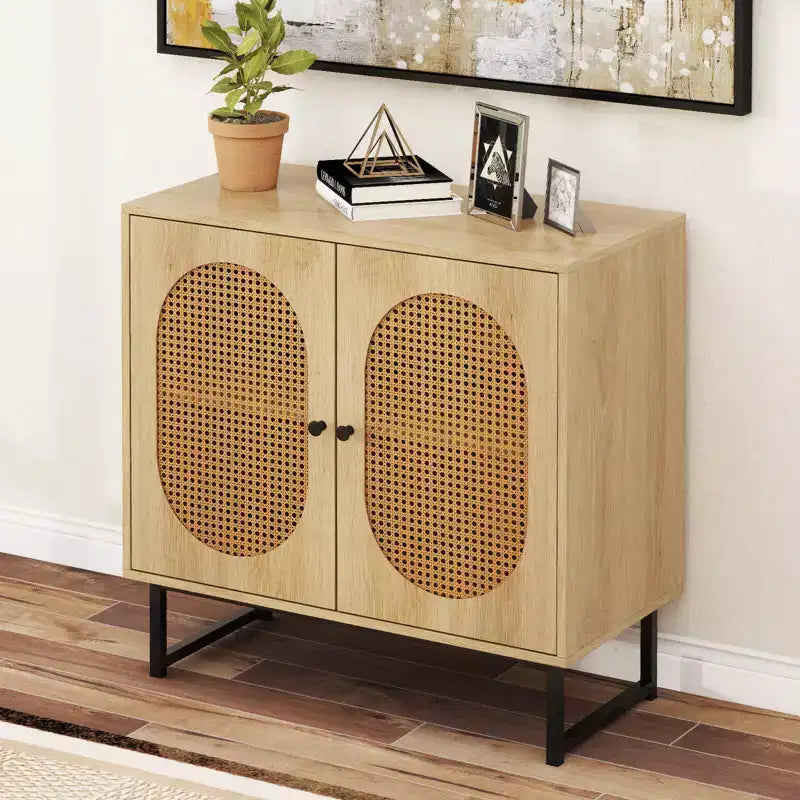 Rattan Buffet Cabinet with 2 Doors, Adjustable Shelf, Metal Legs, Natural/White