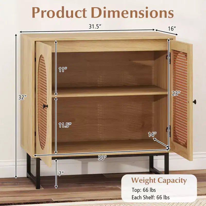 Rattan Buffet Cabinet with 2 Doors, Adjustable Shelf, Metal Legs, Natural/White