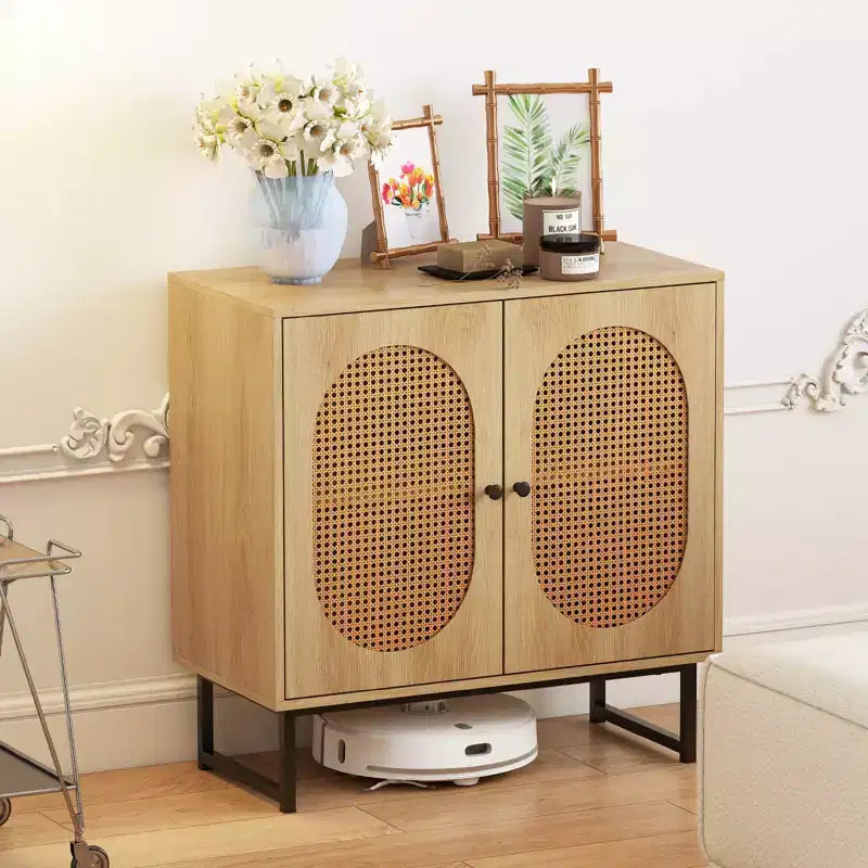Rattan Buffet Cabinet with 2 Doors, Adjustable Shelf, Metal Legs, Natural/White