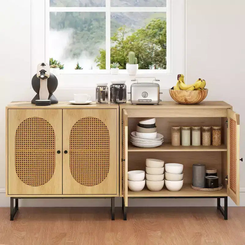 Rattan Buffet Cabinet with 2 Doors, Adjustable Shelf, Metal Legs, Natural/White