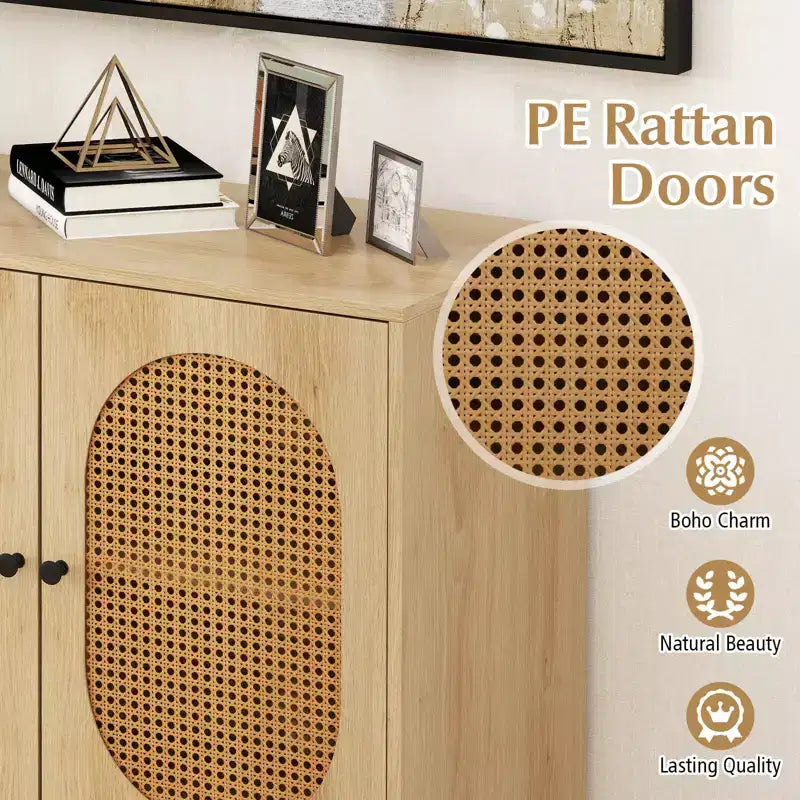 Rattan Buffet Cabinet with 2 Doors, Adjustable Shelf, Metal Legs, Natural/White