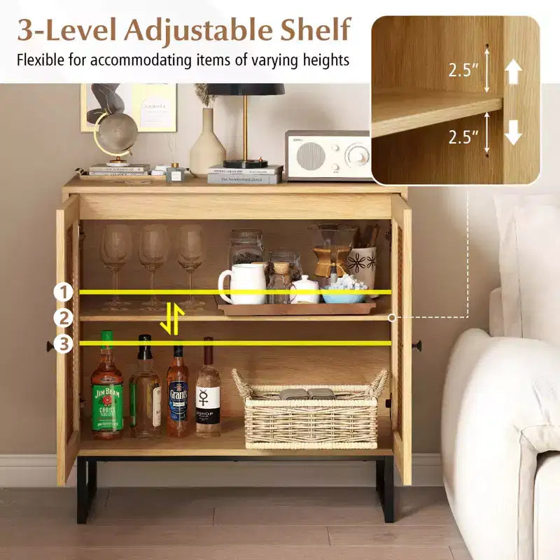 Rattan Buffet Cabinet with 2 Doors, Adjustable Shelf, Metal Legs, Natural/White
