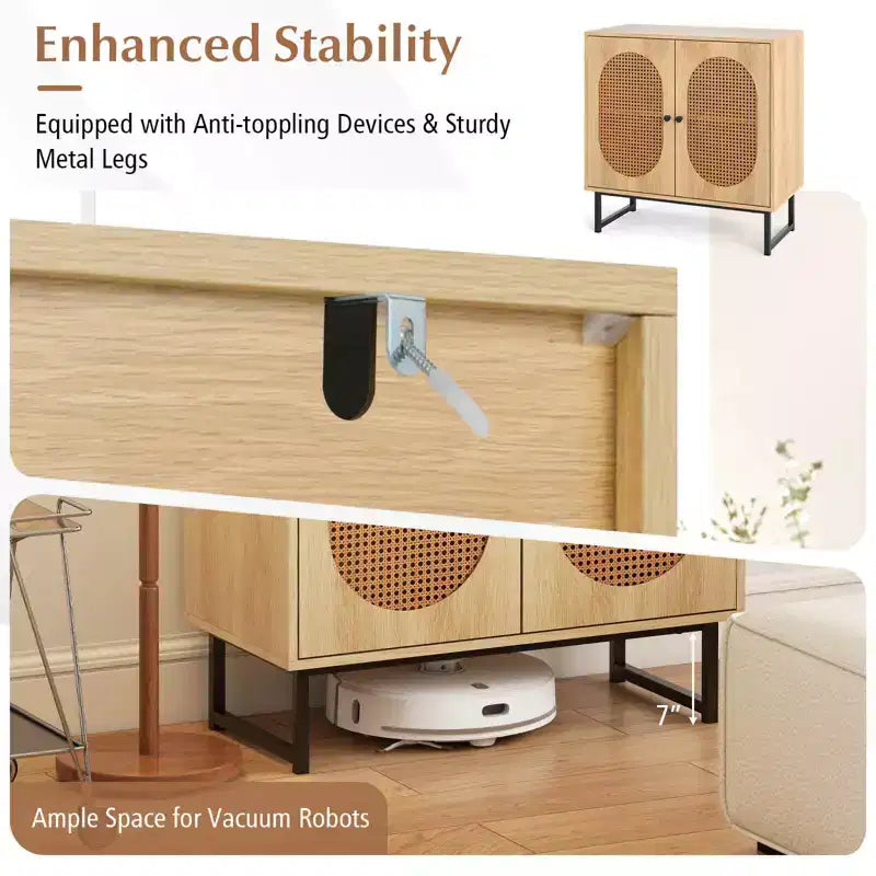 Rattan Buffet Cabinet with 2 Doors, Adjustable Shelf, Metal Legs, Natural/White