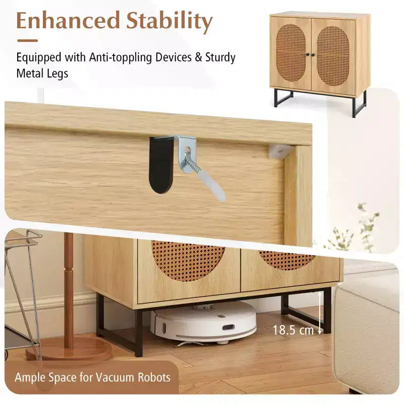 Rattan Buffet Cabinet with 2 Doors, Adjustable Shelf, Metal Legs, Natural/White