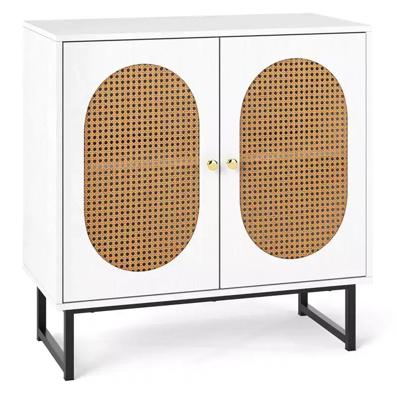 Rattan Buffet Cabinet with 2 Doors, Adjustable Shelf, Metal Legs, Natural/White