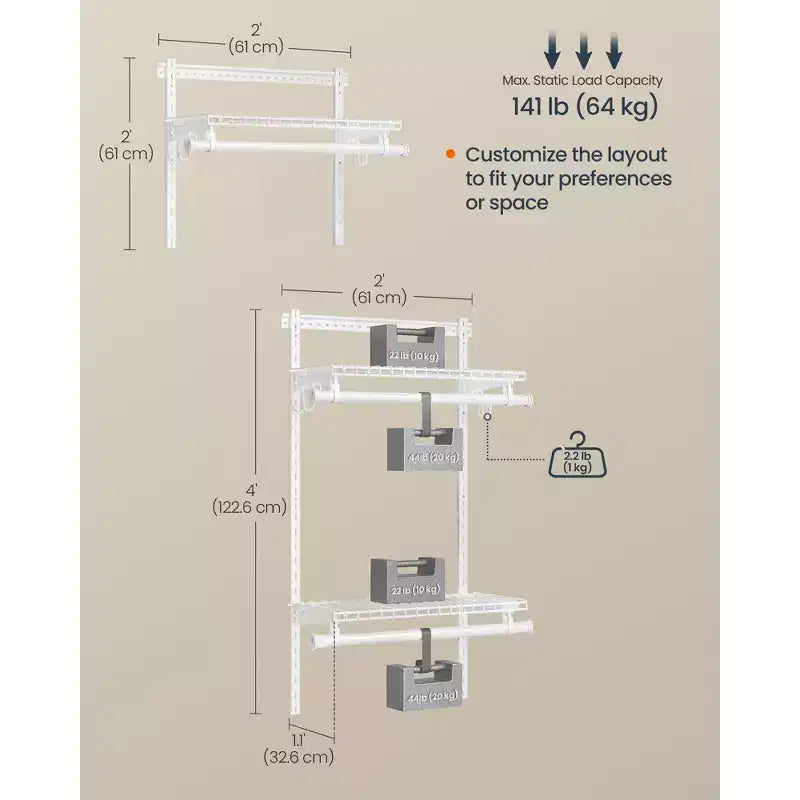 2-4 ft Adjustable Closet System - Metal Shelving Unit with 2 Rods & Shelves, 141 lb Capacity, for Wardrobe/Pantry, Cloud White