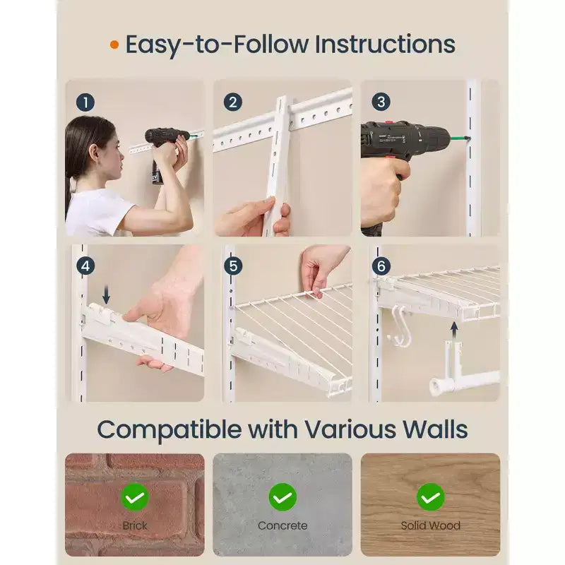 2-4 ft Adjustable Closet System - Metal Shelving Unit with 2 Rods & Shelves, 141 lb Capacity, for Wardrobe/Pantry, Cloud White
