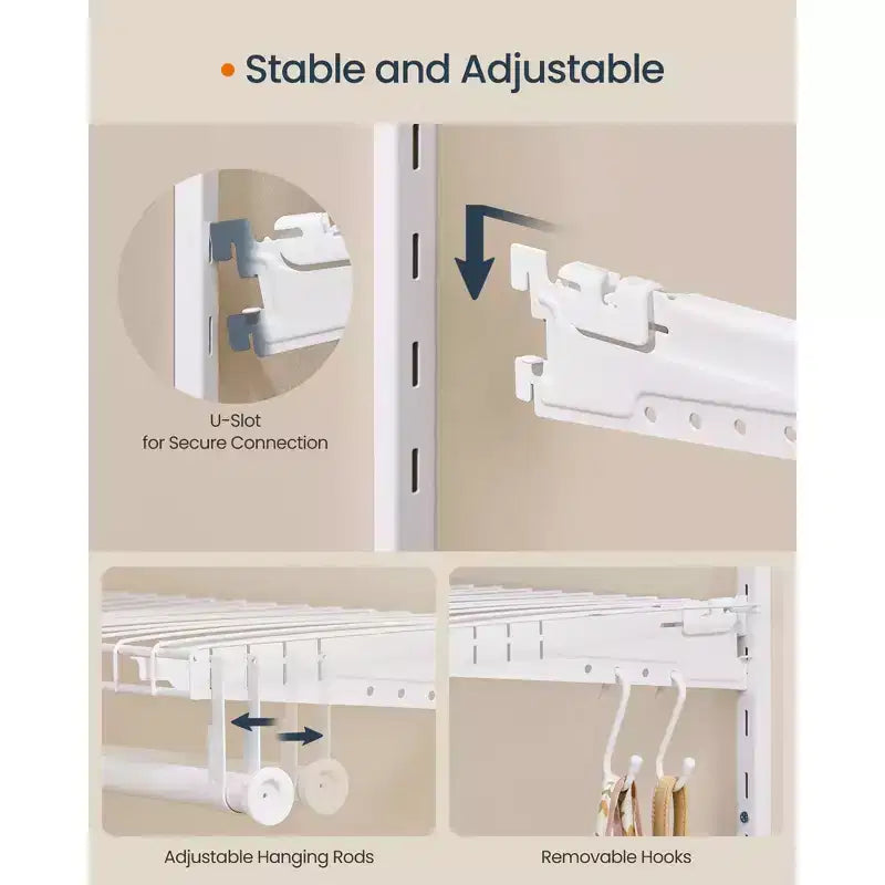 2-4 ft Adjustable Closet System - Metal Shelving Unit with 2 Rods & Shelves, 141 lb Capacity, for Wardrobe/Pantry, Cloud White