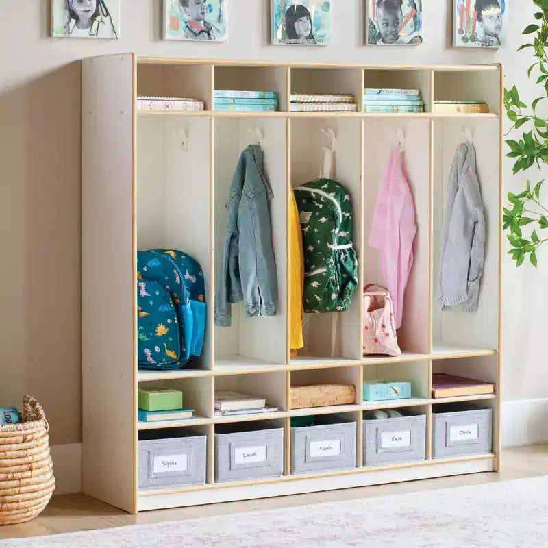 5-Section Wooden Storage Locker for Classroom, Kids Cubby Organizer with Shelves and Hooks for Coats