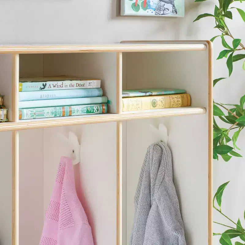 5-Section Wooden Storage Locker for Classroom, Kids Cubby Organizer with Shelves and Hooks for Coats