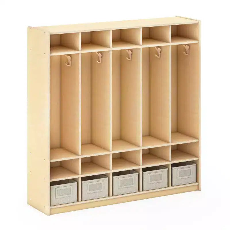 5-Section Wooden Storage Locker for Classroom, Kids Cubby Organizer with Shelves and Hooks for Coats