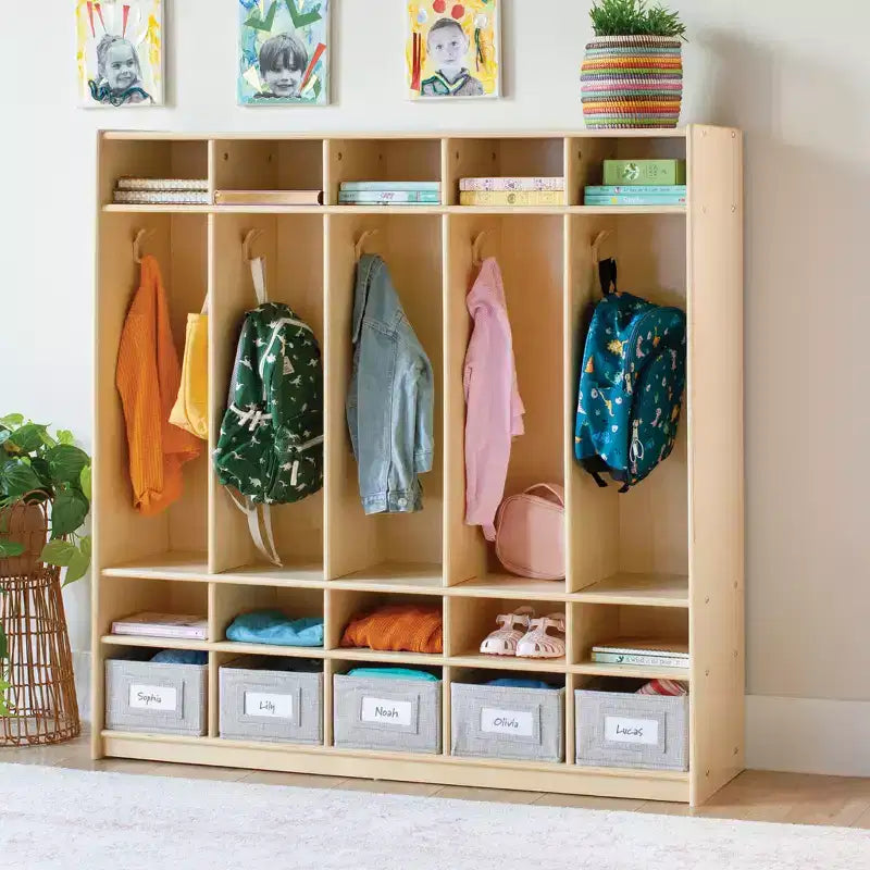 5-Section Wooden Storage Locker for Classroom, Kids Cubby Organizer with Shelves and Hooks for Coats