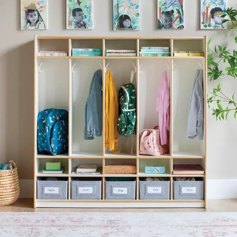 5-Section Wooden Storage Locker for Classroom, Kids Cubby Organizer with Shelves and Hooks for Coats