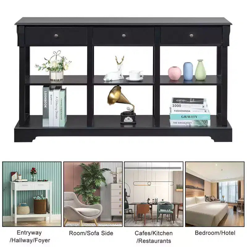 Console Entrance Table with 3 Drawers and 6 Compartments, Black, 58 inches