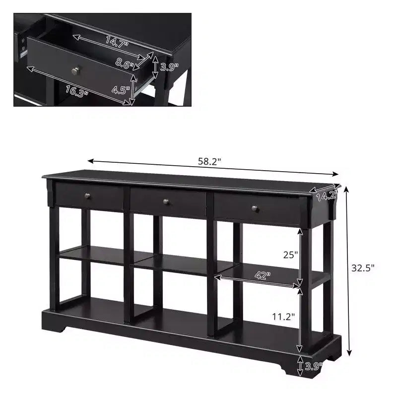 Console Entrance Table with 3 Drawers and 6 Compartments, Black, 58 inches