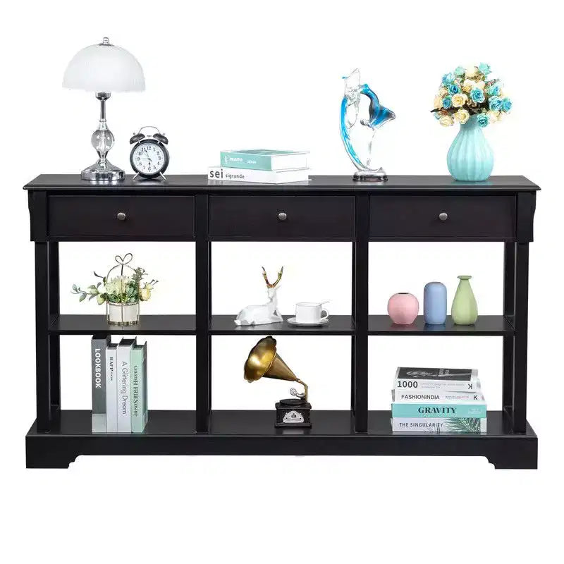 Console Entrance Table with 3 Drawers and 6 Compartments, Black, 58 inches