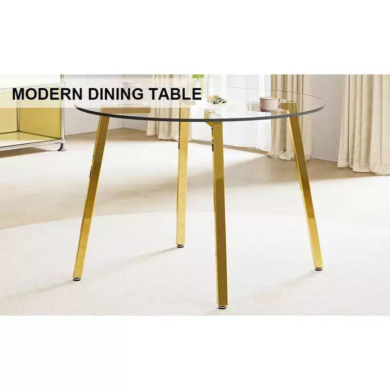 Modern Round Dining Table with Tempered Glass Top and Metal Legs for Dining Room