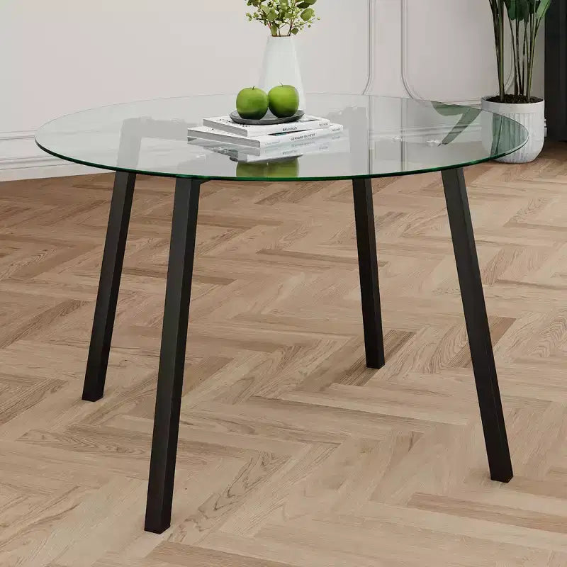 Modern Round Dining Table with Tempered Glass Top and Metal Legs for Dining Room